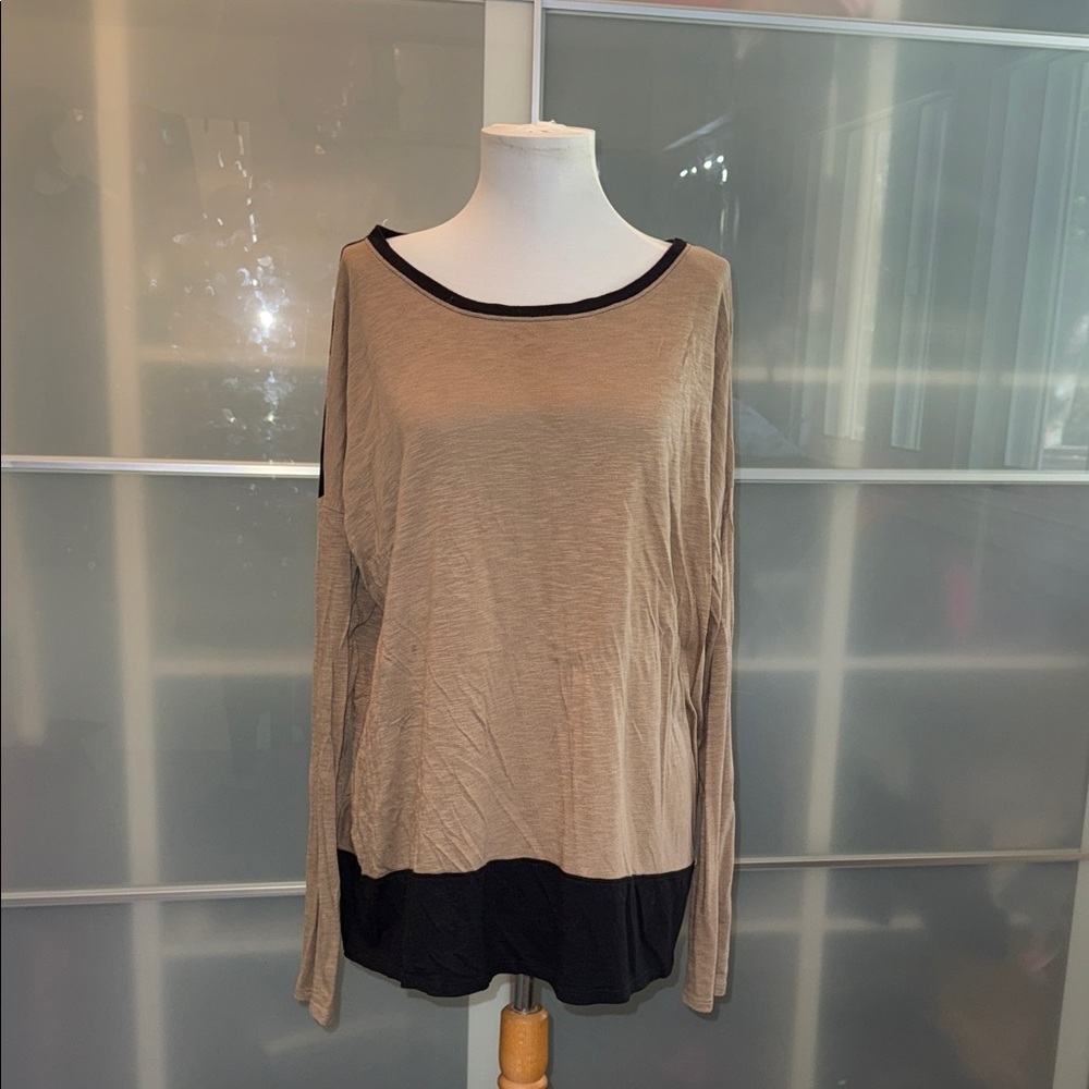 White + Warren Tan and Black Long Sleeve Top